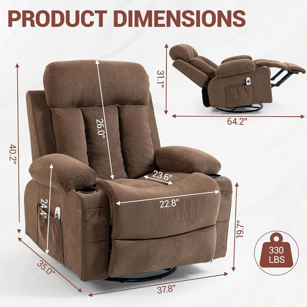 360 Swivel Rocking Chair, Rocker Recliner with Vibration Massage and Heat, Ergonomic Lounge Chair with Rocking Function, Side Pocket, Cup Holders, Soft Breathable Fabric, Brown