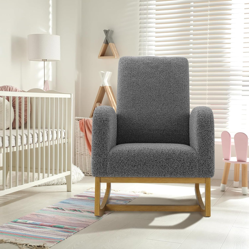 Teddy Upholstered Rocking Chair Nursery, Glider Rocker Chair with High Backrest and Side Pocket, High Back Accent Chair with Wood Legs, Comfy Side Chair for Nursery- Dark Gray