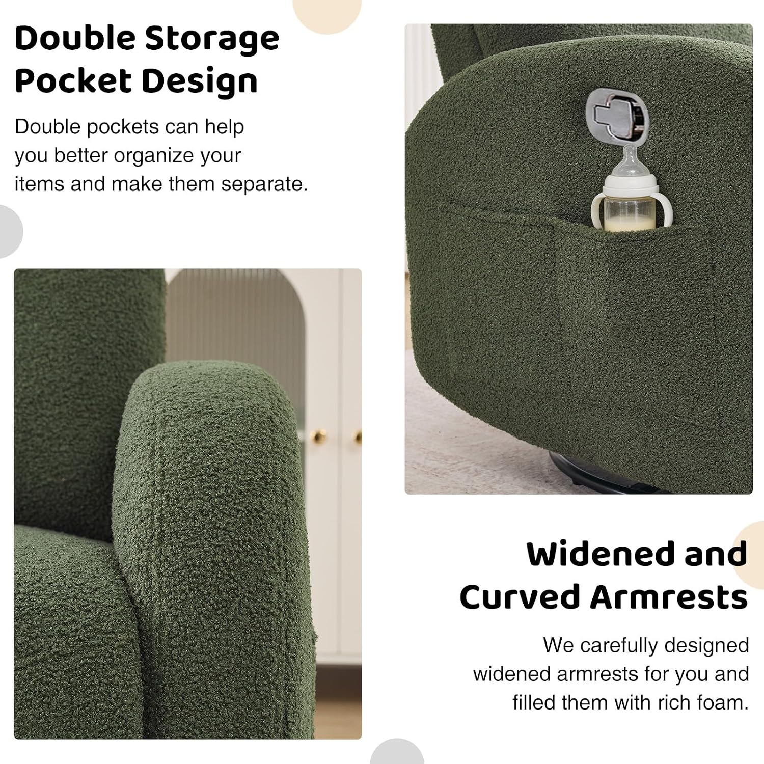 Nursery Glider Recliner, Boucle Nursery Rocking Chair Recliner, Manual Nursery Glider Recliner with Double Pockets and Lumbar Support for Adult, Teddy Green