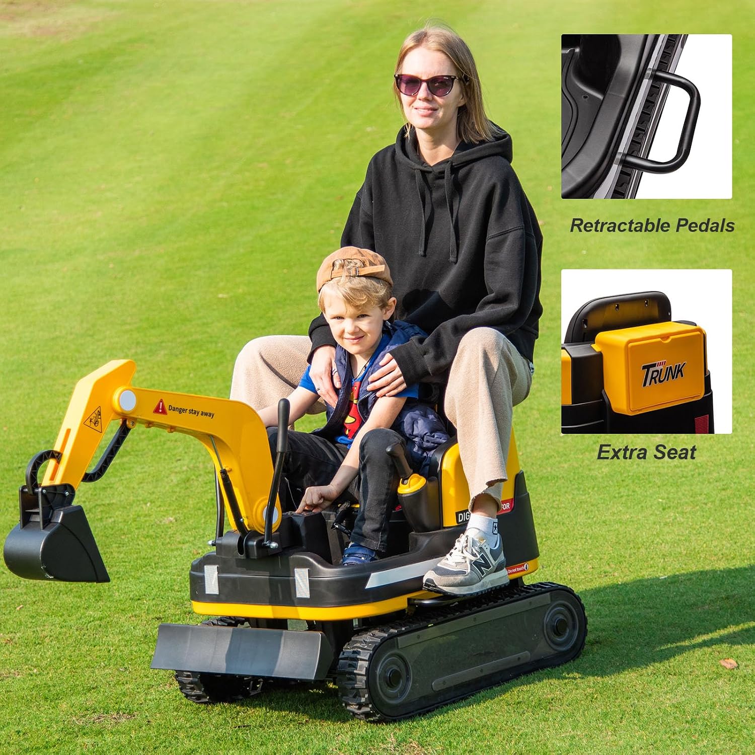 360 Degree Rotating Ride On Excavator and Bulldozer,JOYLDIAS 12V12AH Battery Powered Ride On Toy Backhoe W/Track Design Wheels for All Terrain,Remote Control,MP3,Toolbox for Kids,Parent,Yellow