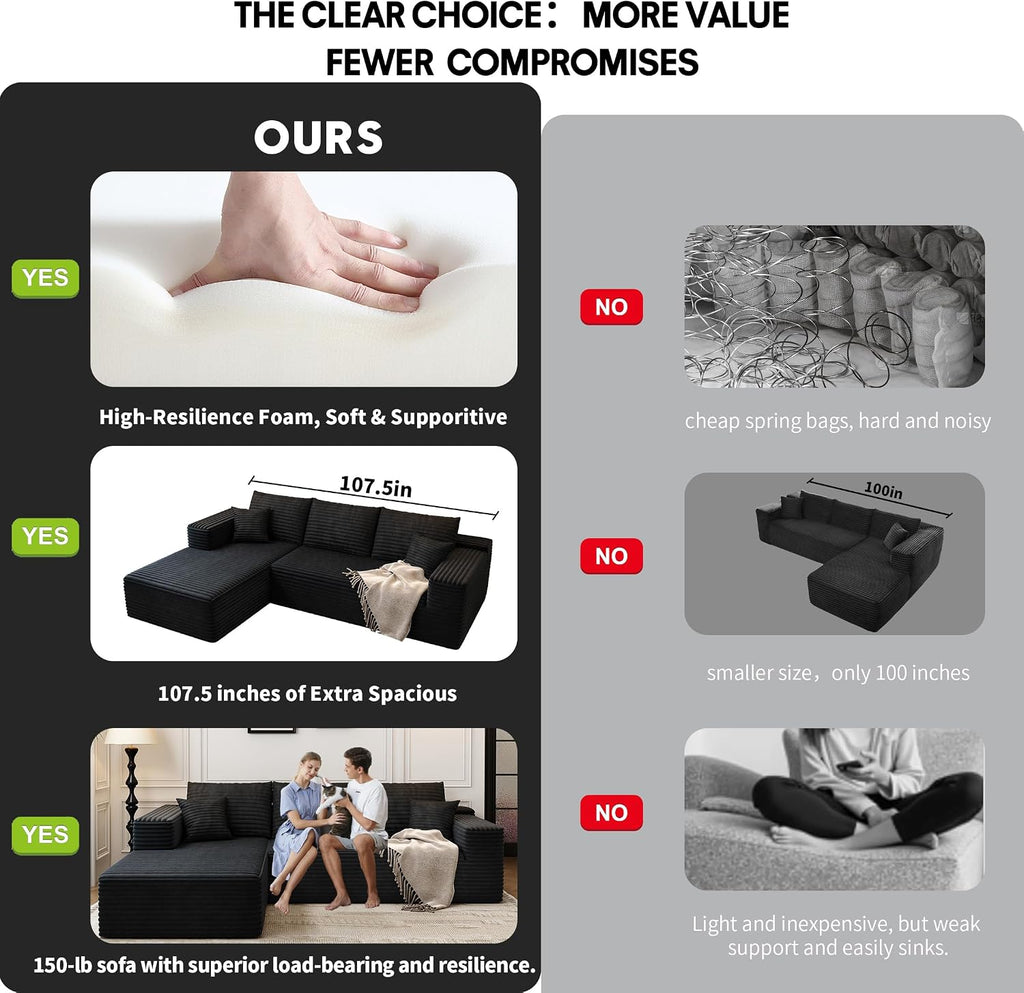 107.5' Cloud Sectional Couch with L-Shape Chaise,Modern Modular Sofa with Deep Seat, Upholstered Couches for Living Room Bedroom Apartments,No Assembly Required, (Black,Left Facing Chaise)