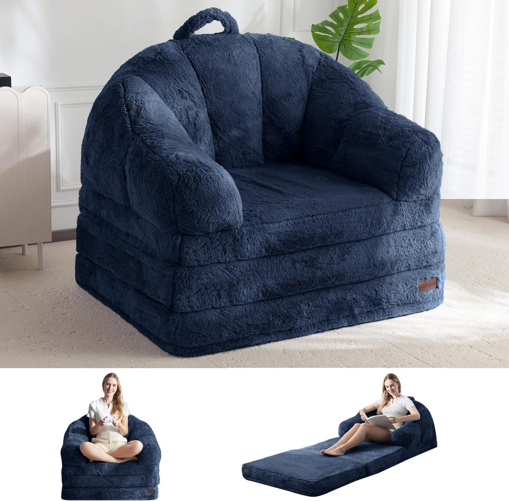 MAXYOYO Folding Sofa Bed, 2 in 1 Convertible Sofa to Lounger Comfy Single Bean Bag Chair for Adults, Floor Sleeper Couch with Handle, Faux Fur Couch Bed for Living Room Bedroom, Navy