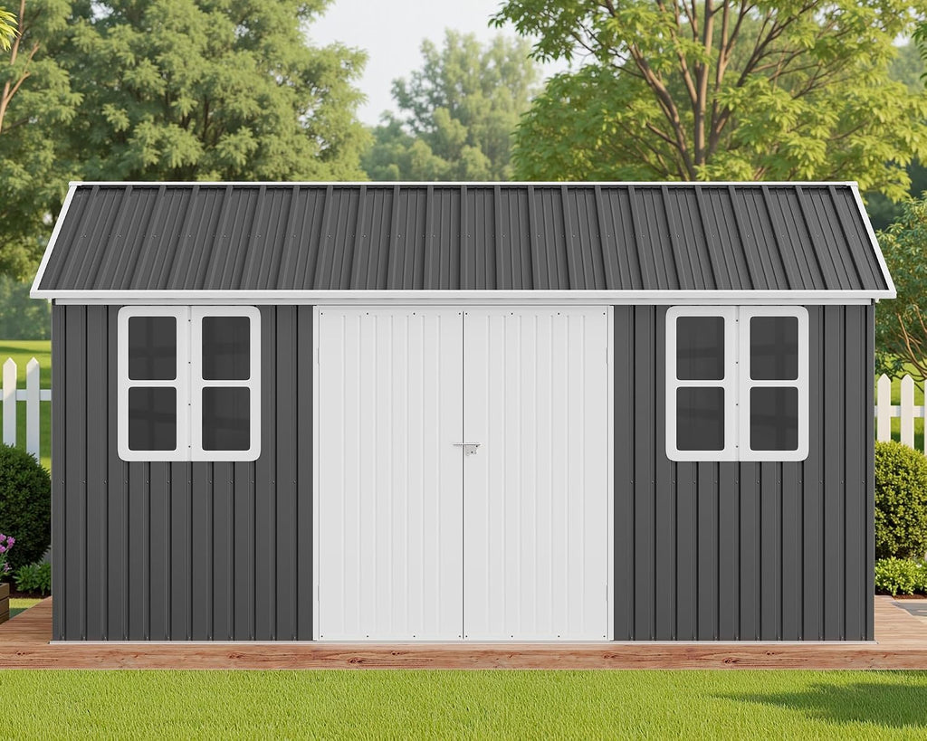 VanAcc 12 x 14FT Outdoor Storage Shed with a Lockable Hinged Door and 2 Windows, Nordic Cottage Metal Shed for Backyard, Garden, Patio, Dark Grey/White