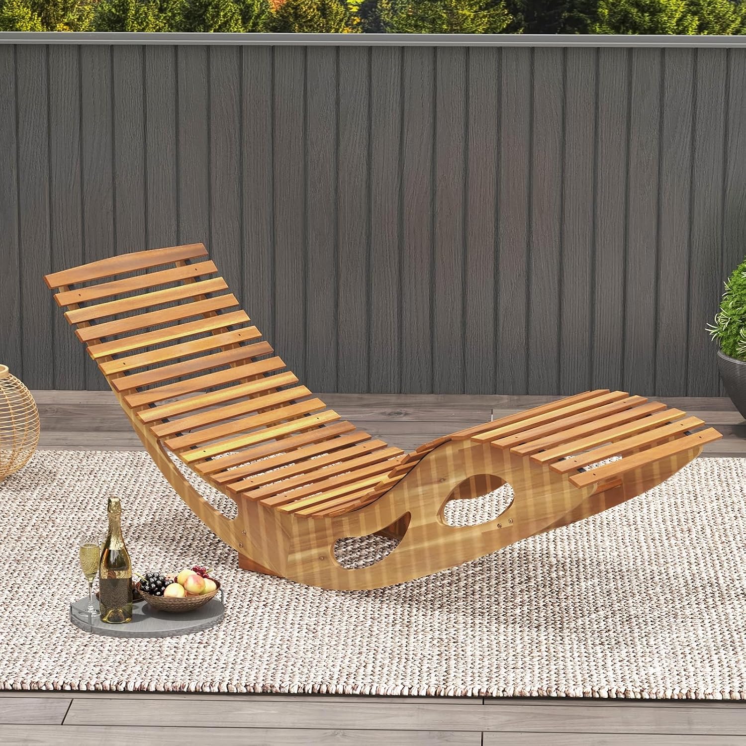 Giantex Acacia Wood Outdoor Rocking Chair, Patio Lounge Chair with Ergonomic Curved & Slatted Seat, High Back, Bottom Stopper, Outside Chaise Lounge, 63'x23.5'x26' Pool Lounger for Porch, Yard (1)