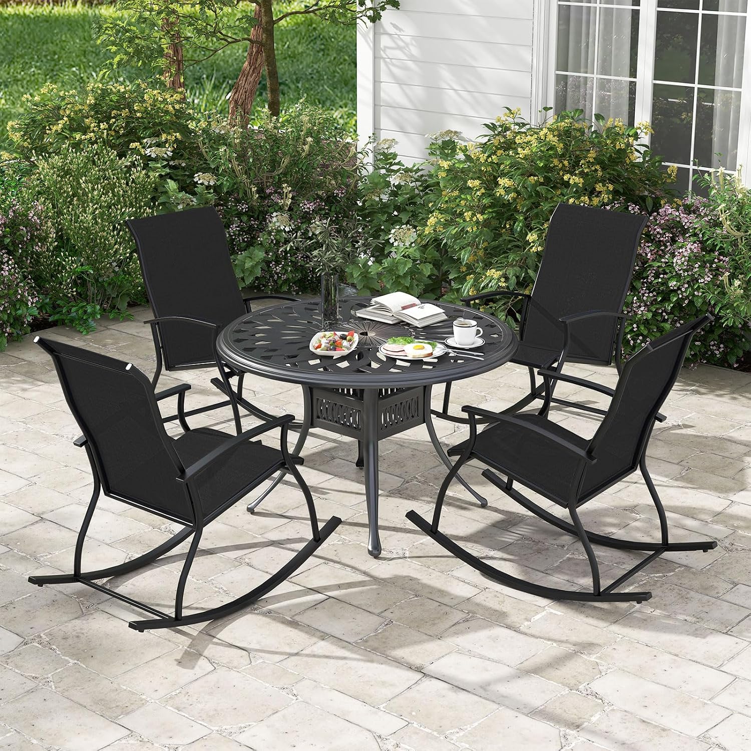 Tangkula Patio Rocking Chairs Set of 2, Outdoor Rocking Chair with Smooth & Safe Rocking Motion, Ergonomic Backrest, Breathable Fabric, All-Weather Outdoor Rocker for Backyard, Poolside (1,Black)