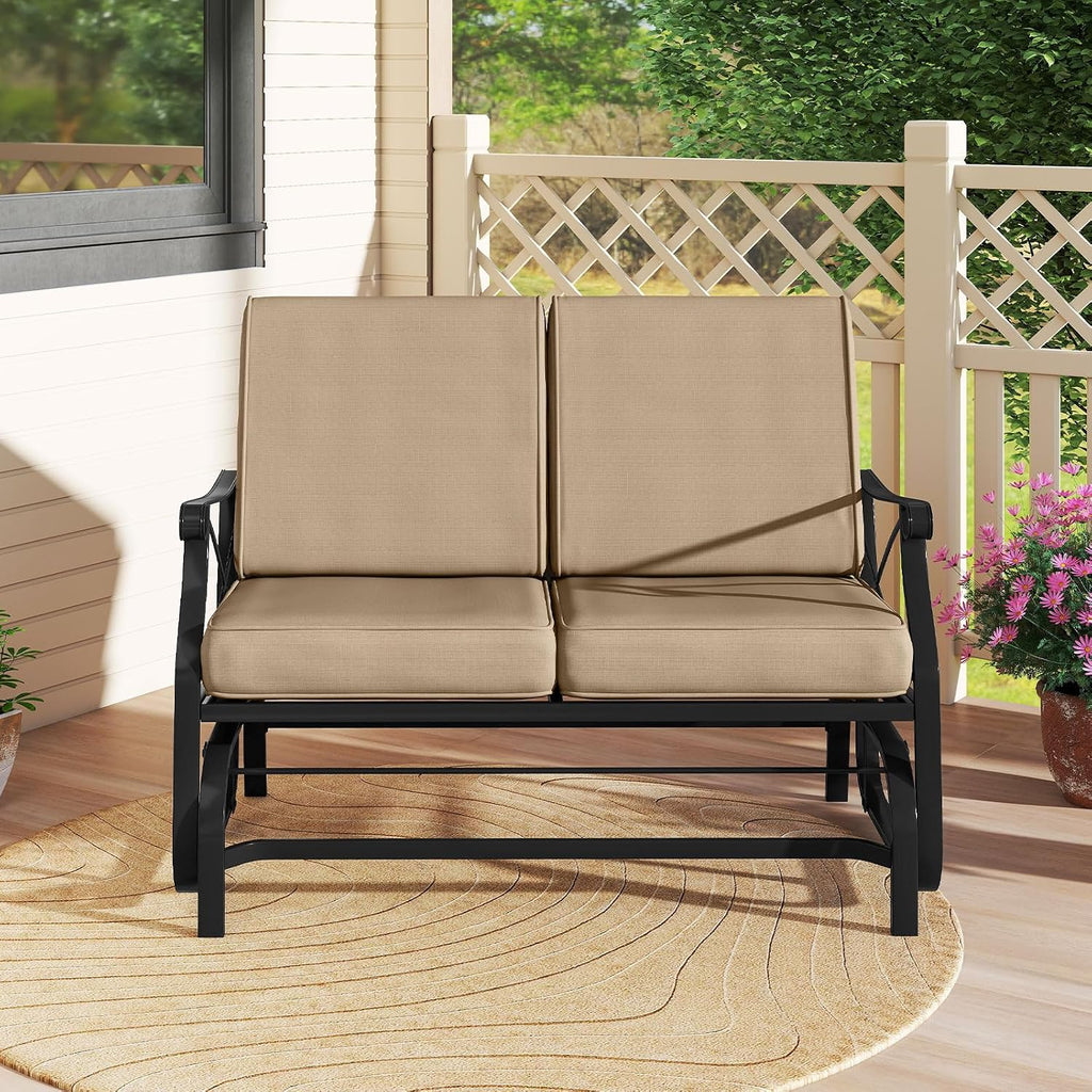 Tangkula Patio Glider Bench, 2-Person Swing Gliding Loveseat with Breathable Fabric Seat & Soft Cushions, 660 LBS Metal Frame Outdoor Rocking Chair for Porch, Poolside, Backyard