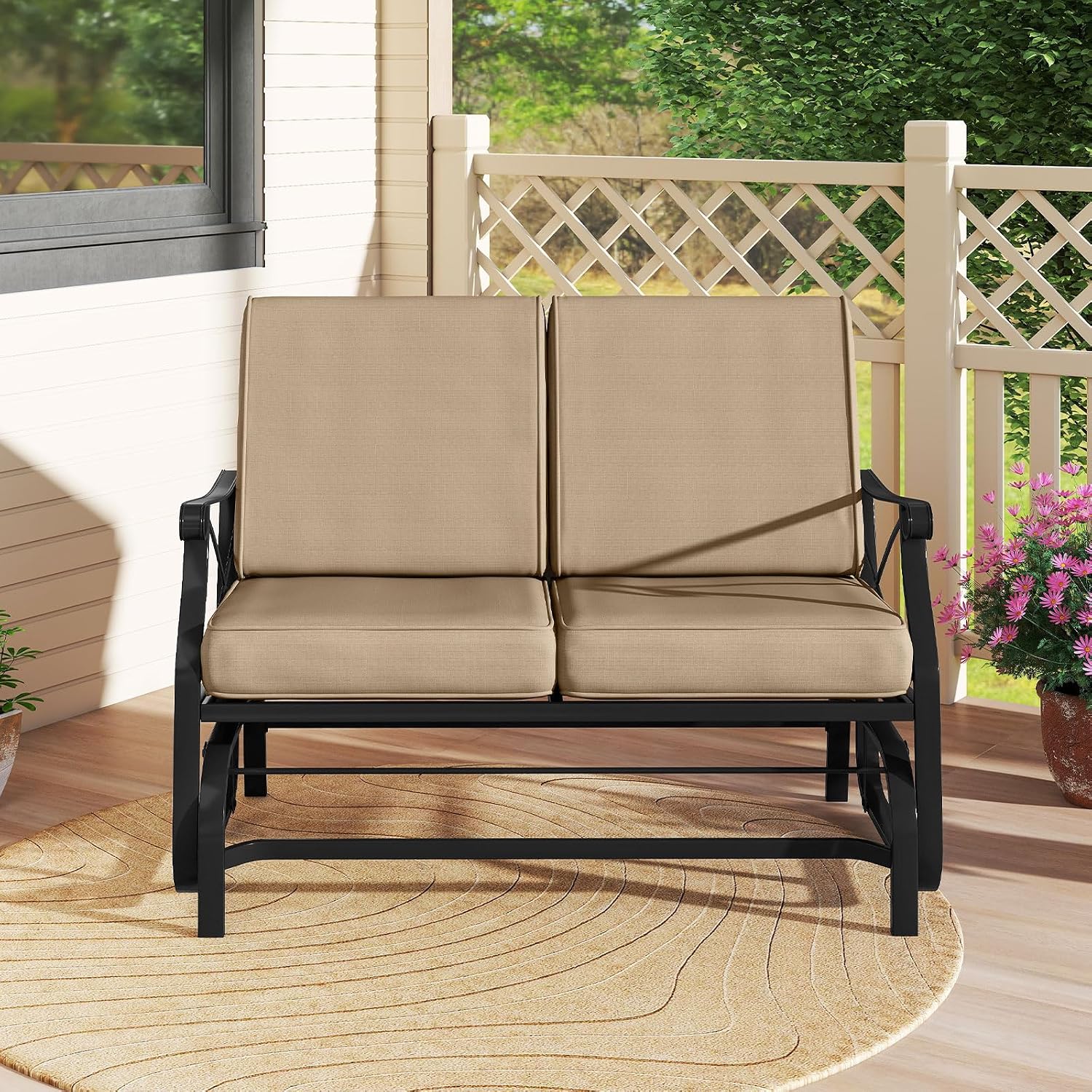 Tangkula Patio Glider Bench, 2-Person Swing Gliding Loveseat with Breathable Fabric Seat & Soft Cushions, 660 LBS Metal Frame Outdoor Rocking Chair for Porch, Poolside, Backyard