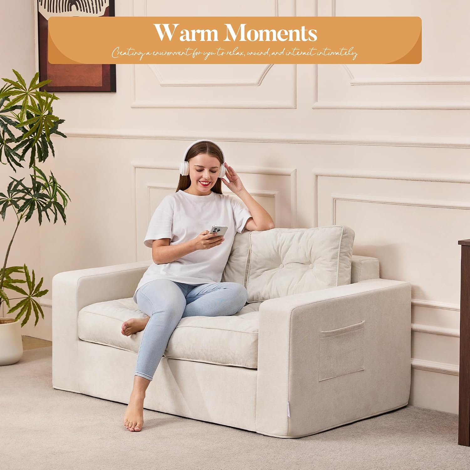 Hobestluk Sofa Couch Loveseat Sofa with Chenille Fabric 2-Seater Sofa for Small Spaces Comfortable Foam Floor Sofa 2 in 1 Boneless Couch for Living Room Bedroom Apartment or Office (Beige, Loveseat)