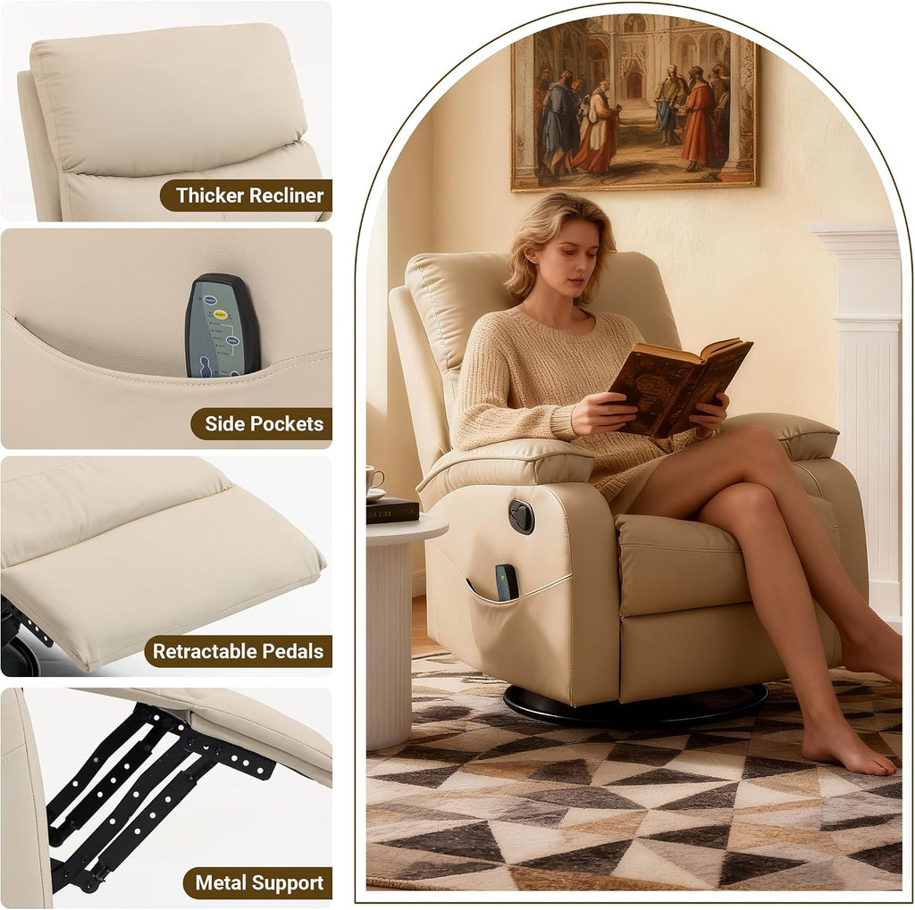 360° Swivel Rocking Recliner Chair, Massage Lazy Boy Recliner, Small Spaces Recliner for Living Room, Bedroom and Nursery, Beige Leather