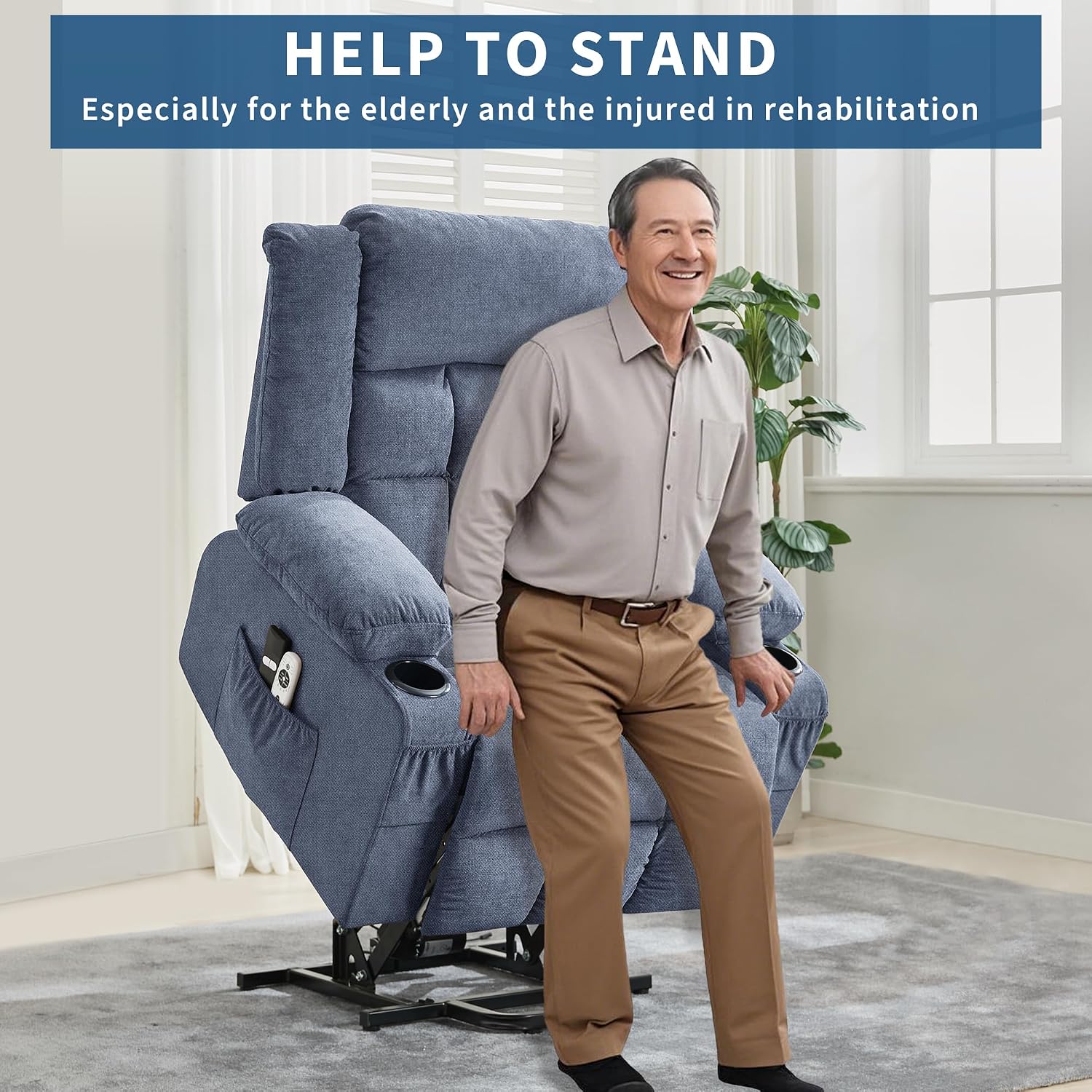 Power Lift Recliner Chair for Elderly Adults 8-Point Massage Lumbar Heating 90/120/150° 3 Recline Positions Motorized Lift Assist Remote Control 2 Side Pockets 2 Cup Holders USB Charging Ports