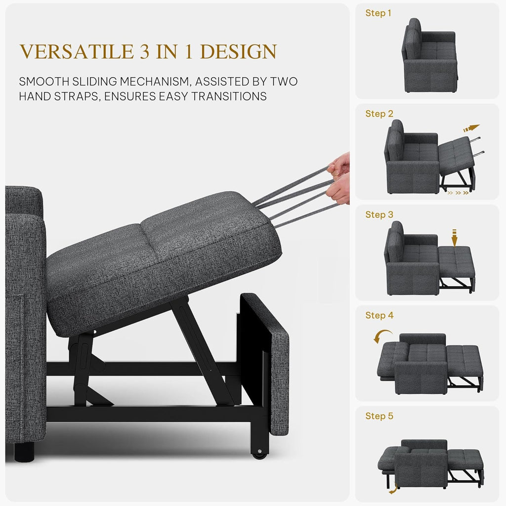 YITAHOME 55' Convertible Sofa Bed, 3-in-1 Sleeper Sofa with Iron Frame Pull-Out Bed, Linen Futon Couch with Reclining Backrest and Side Pocket, Modern Loveseat for Living Room Bedroom Apartment, Grey