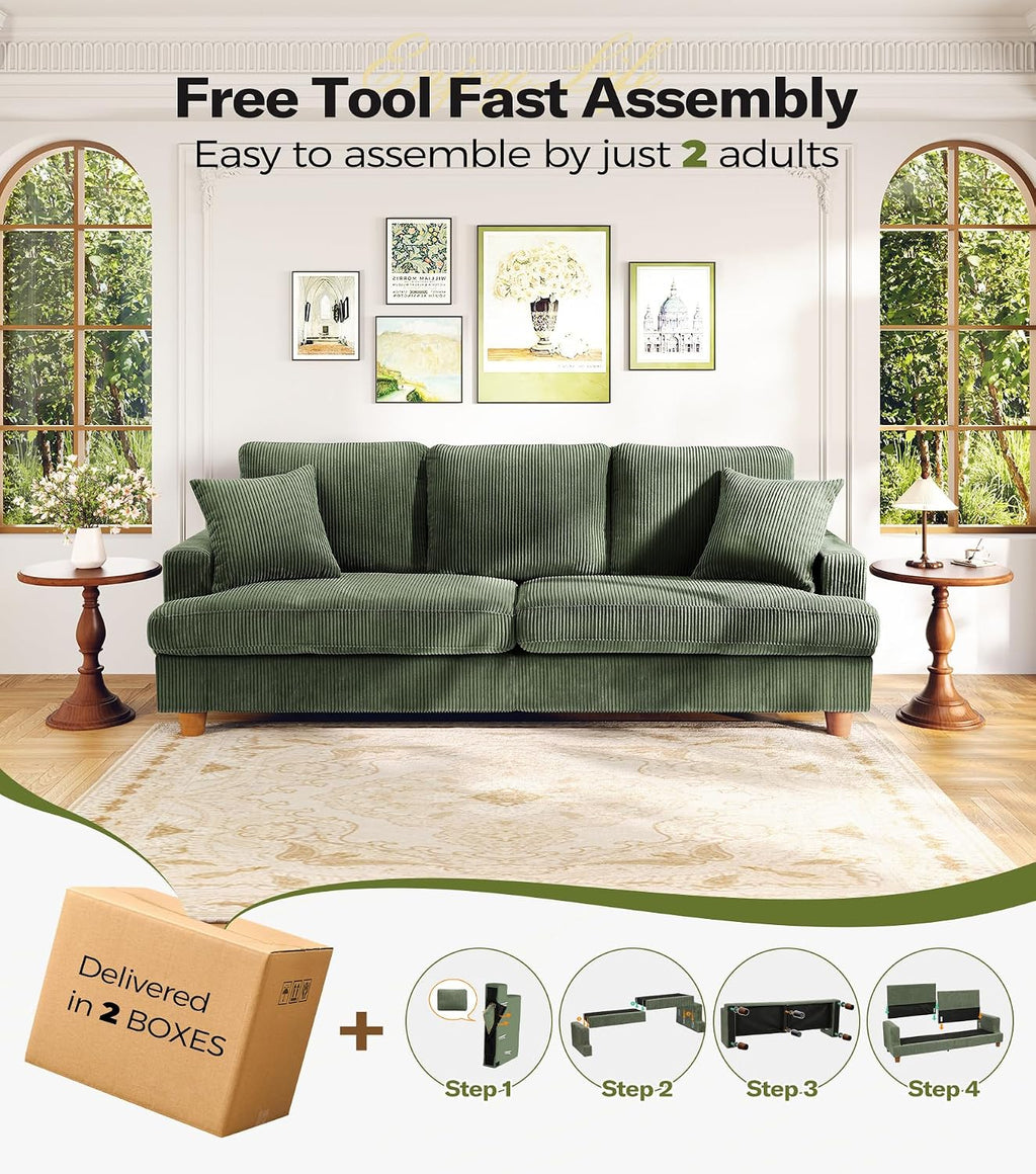 Kidirect 87in L Shaped Couch, Modular Sofa No Tool Assembly, Comfy Sectional Couches for Living Room 21in Deeper Seats, Corduroy Sofas for Living Room with 2 Pillows, Loveseat Sofa Set, Green Couch