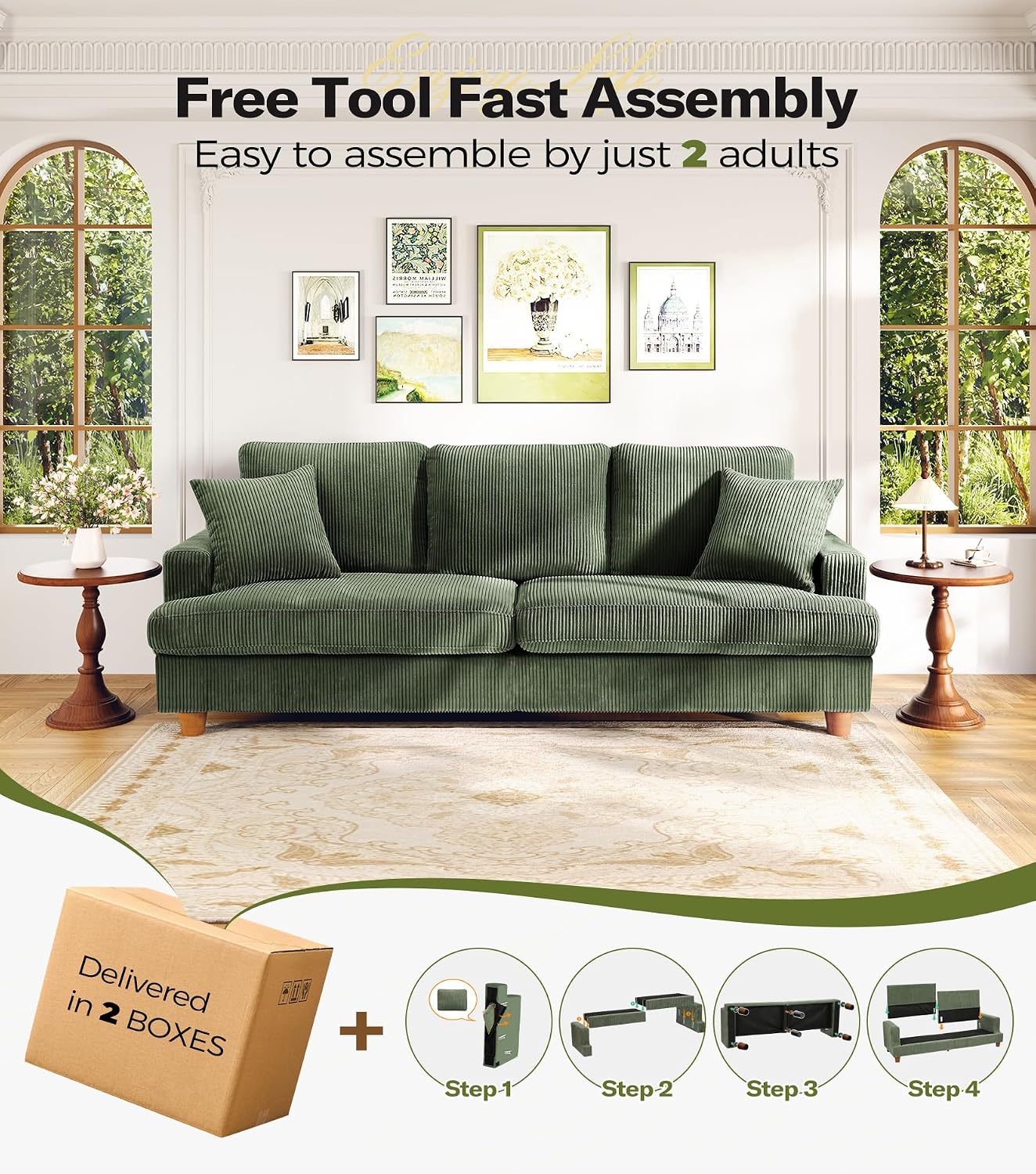 Kidirect 87in L Shaped Couch, Modular Sofa No Tool Assembly, Comfy Sectional Couches for Living Room 21in Deeper Seats, Corduroy Sofas for Living Room with 2 Pillows, Loveseat Sofa Set, Green Couch