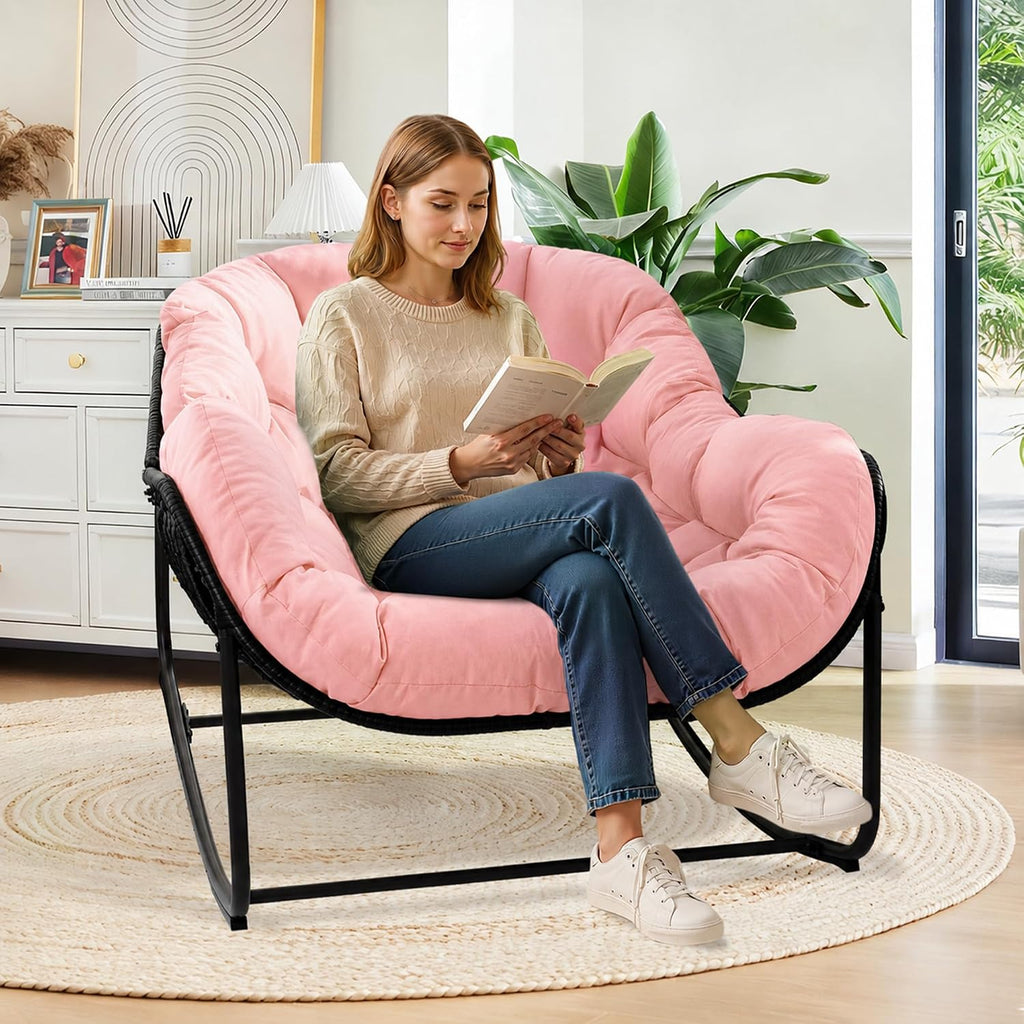 Papasan Rocking Chair Indoor & Outdoor, Oversized Egg-Shaped Papasan Rocker with Cushion & Pillow, All-Weather Wicker Patio Lounge Chair for Garden, Porch, Living Room (Pink)