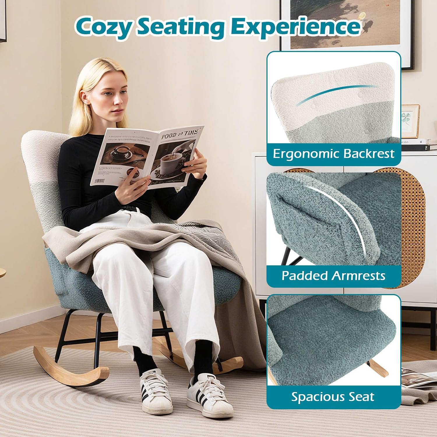 Giantex Rocking Chair Nursery, Boucle Upholstered Glider Rocker w/Ergonomic High Backrest, Rubber Wood Legs & Side Pocket, Striped Modern Accent Chair for Bedroom, Living Room, Offices