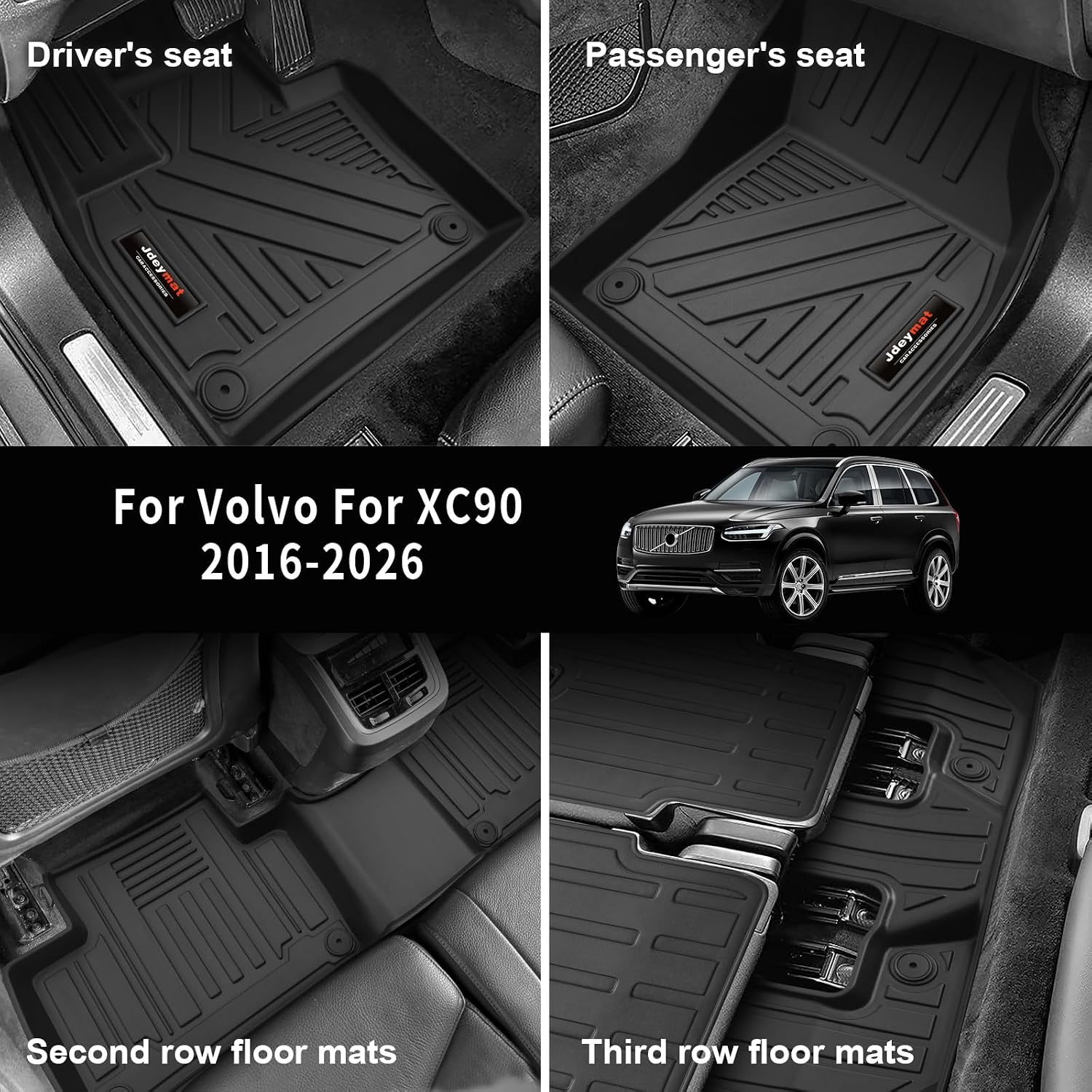 Custom for 2016-2026 Volvo XC90 Floor Mats 3 Rows Trunk Cargo Liner and 2nd 3rd Rear Seat Backrest Mat Full Set TPE All Weather Accessories (Only Fit Gas 7 Seat, 10 Mats，Not for Hybrid/PHEV)