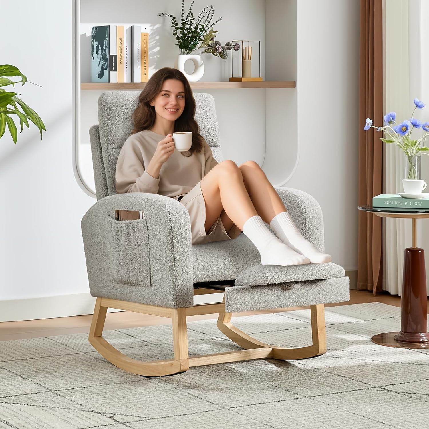 Fabric Rocking Nursery Chair for Mom Nursery,Rocking Chairs with Foot Rest,Recliner Armchair with High Backrest& Wood Legs and Side Pocket for Living Room,Bedroom,Gray