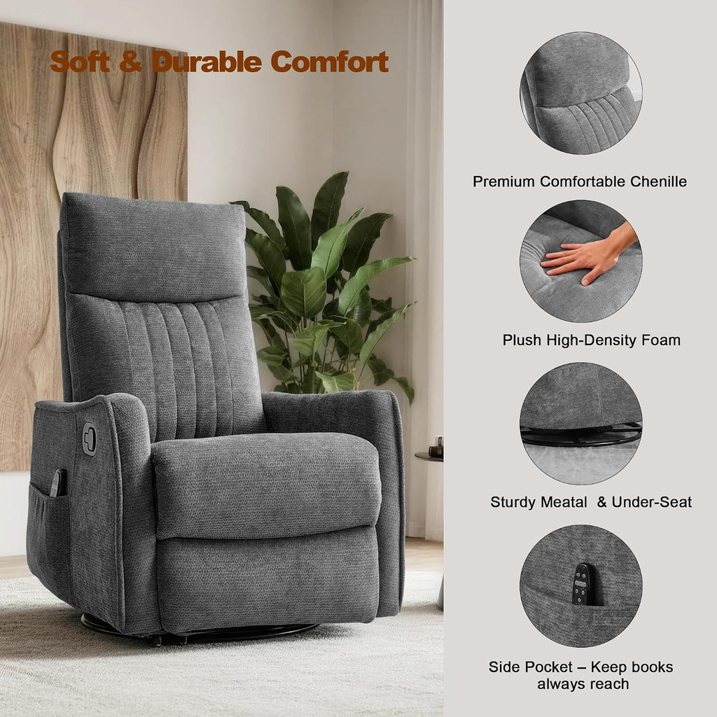 Casaphoria 360° Swivel Rocking Recliner Chair with Heat and Massage Upholstered Fabric Nursery Glider with Side Pocket for Living Room,Bedroom,Home Theater and RV Small Space(Dark Gray)