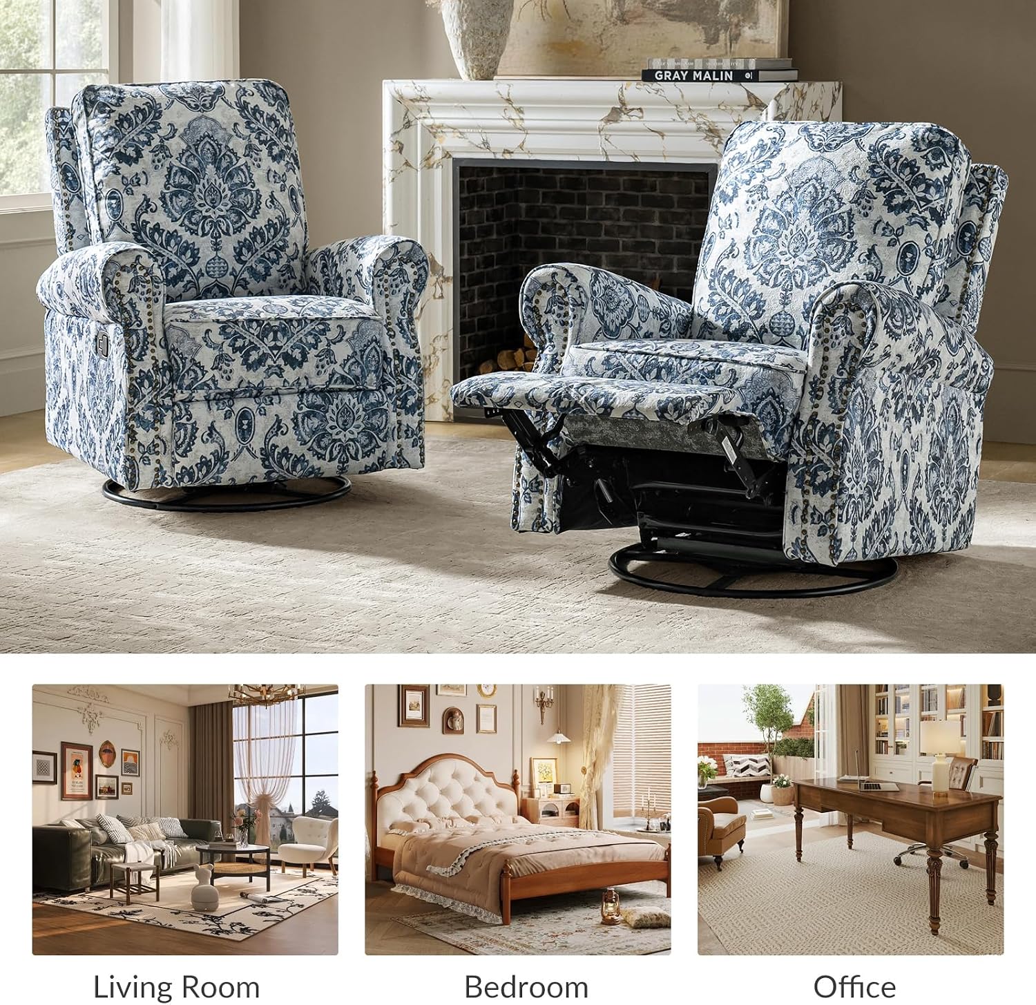 HULALA Home Modern Rocker Recliner, Printed Fabric Swivel Glider with Adjustable Backrest & Footrest, Comfy Upholstered Manual Recliner Chair Home Theater Singe Sofa for Bedroom Living Room, Damask