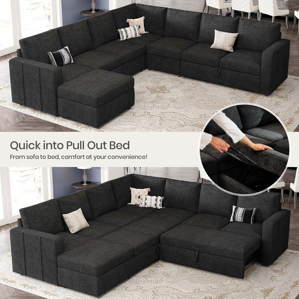 Belffin Modular Sectional Sofa with Sleeper Sofa Couch Pullout Bed, Oversized U Shaped Sleeper Sectional Couch with Storage Seat for Living Room, Dark Grey