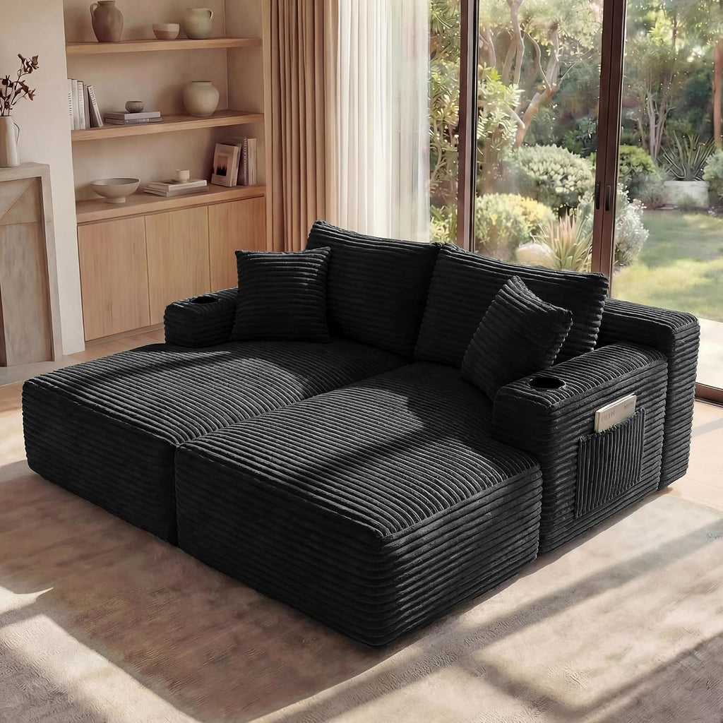 125' Oversized Cloud Boneless Couch with Chaise, Modern Modular Sofa with Deep Seat, Corduroy Upholstered U Shaped Couch for Living Room, No Assembly Required (Black)