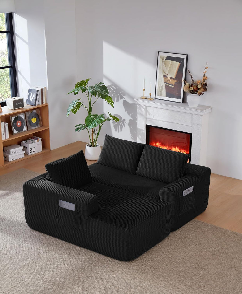 97' Cloud Couch Sectional, L Shaped Boneless Couch Sectional Couches for Living Room, Modern Comfy Corduroy Fluffy Modular Sofa with Deep Seat, No Assembly (Black, Left Facing Chaise)