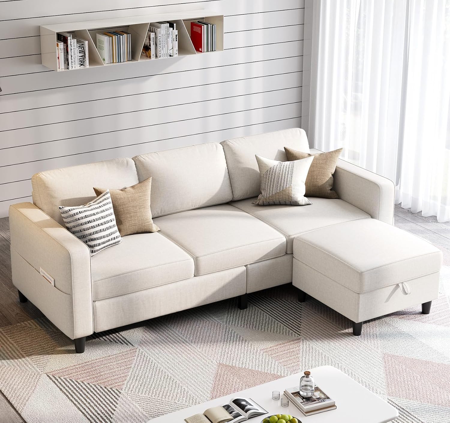 Grzyhem Sectional Sofas Couches for Living Room 78' L-Shaped Couch - Modern Linen Beige Sofa with Storage Ottoman USB for Apartments, Studios & Home Offices, Small Space
