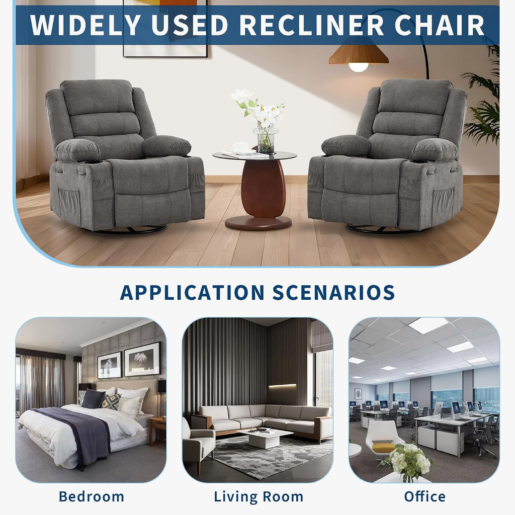 360° Swivel Recliner Chair for Adult, Linen Rocker Chair with 3 Positions/2 Side Pockets/Cup Holders, Manual Nursery Glider Rocking Chair for Bedroom Living Room Office