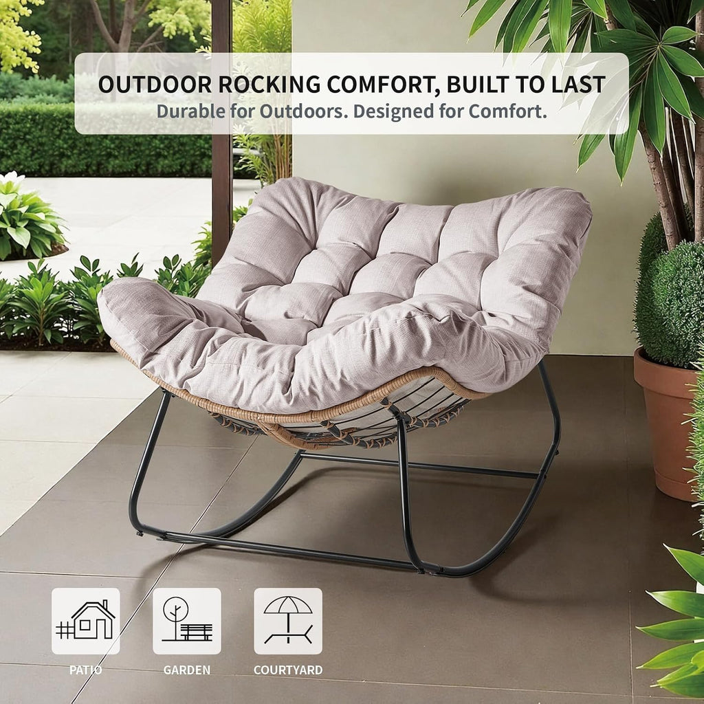 Outdoor Rocking Chair, Oversized Patio Papasan Wicker Chair with Cushion Indoor Egg Chair for Bedroom, Living Room, Porch, Garden, Lawn (Beige)