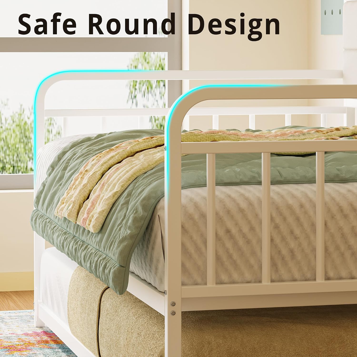 LIKIMIO Daybed with Trundle, Sturdy Metal Twin Bed Frame with Upholstered Headboard and Charging Station for Living Room, Bedroom and Guest Room, White