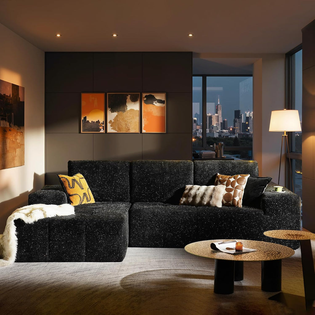 ovios 115' Cloud Boneless Couch with Glitter Fabric, Moudular Sectional Sofa with Deep Seat, No Assembly Required, Modern Minimalist L Shaped Couches with Chaise for Living Room, Black