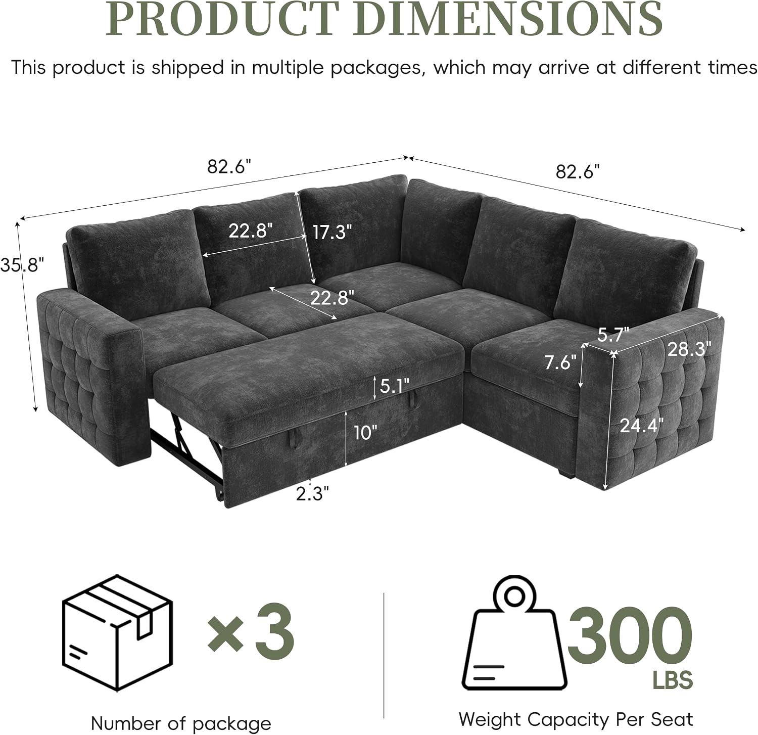 86' Sectional Sleeper Sofa Bed, Sleeper Couch with Pull out Bed, L Shaped Couch with Storage, Modular Sectional Sofa， Sectional Couches for Living Room&Apartment, Convertible Sofas, Gray Couches