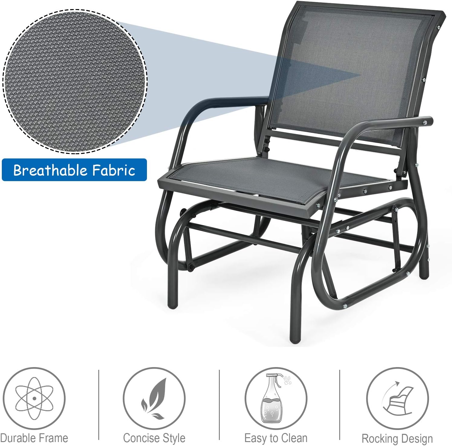 Giantex Swing Glider Chair W/Study Metal Frame Comfortable Patio Chair Love-Seat for Garden, Porch, Backyard, Poolside, Lawn Outdoor Rocking Chair (2, Gray)