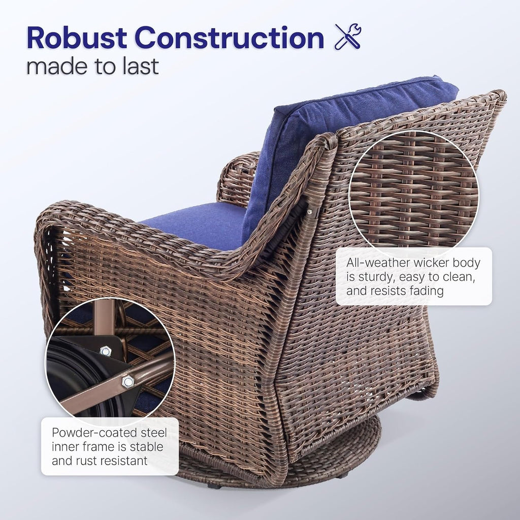 Cambridge Outdoor Wicker Swivel Rocking Chair, All-Weather Hand-Woven Resin Rattan Patio Swivel Rocker with Deep Seat & Thick Cushions for Porch, Backyard & Garden, Midnight Navy Blue