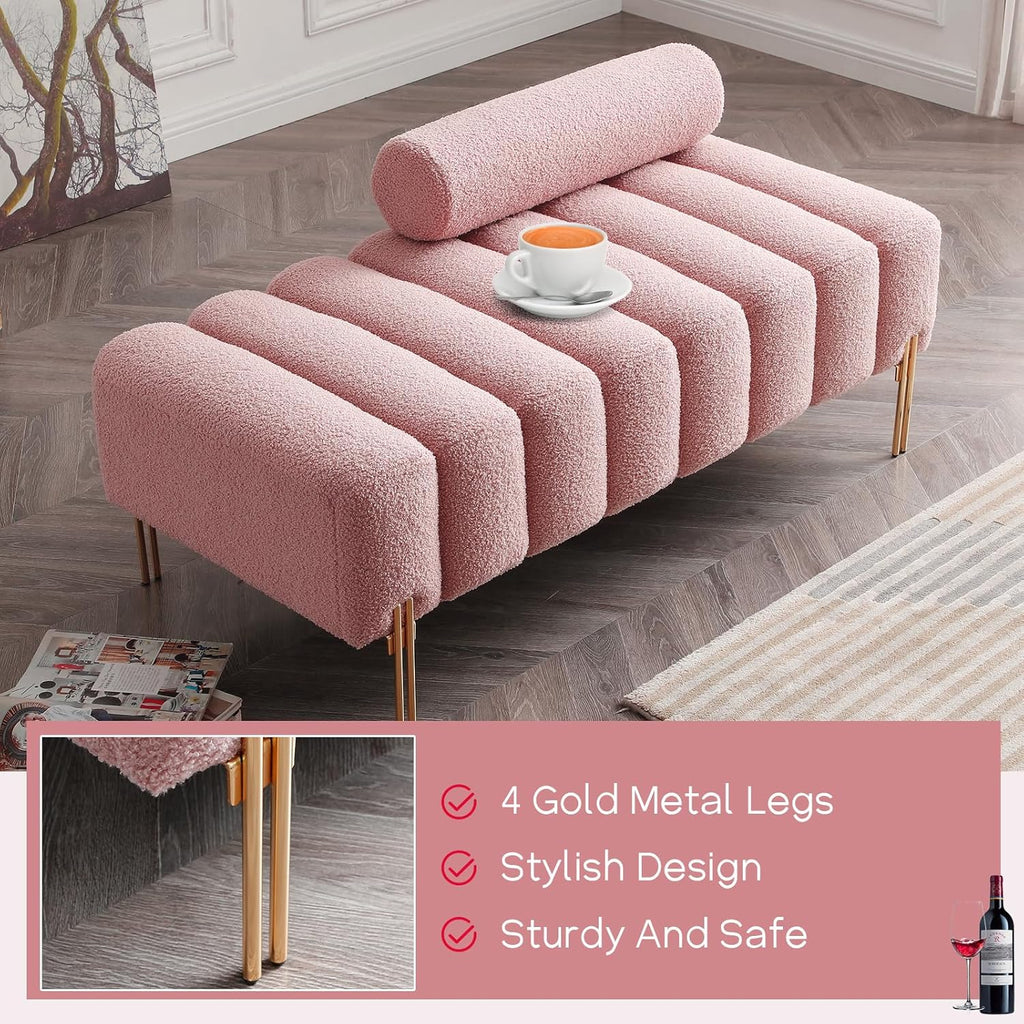 NIOIIKIT 53.2' Modern Loveseat Sofa Couch, Upholstered Accent Sofa with Golden Legs and Adjustable Backrest, Small Teddy Fleece Couches for Bedroom, Living Room, Compact Small Space (Pink Teddy)