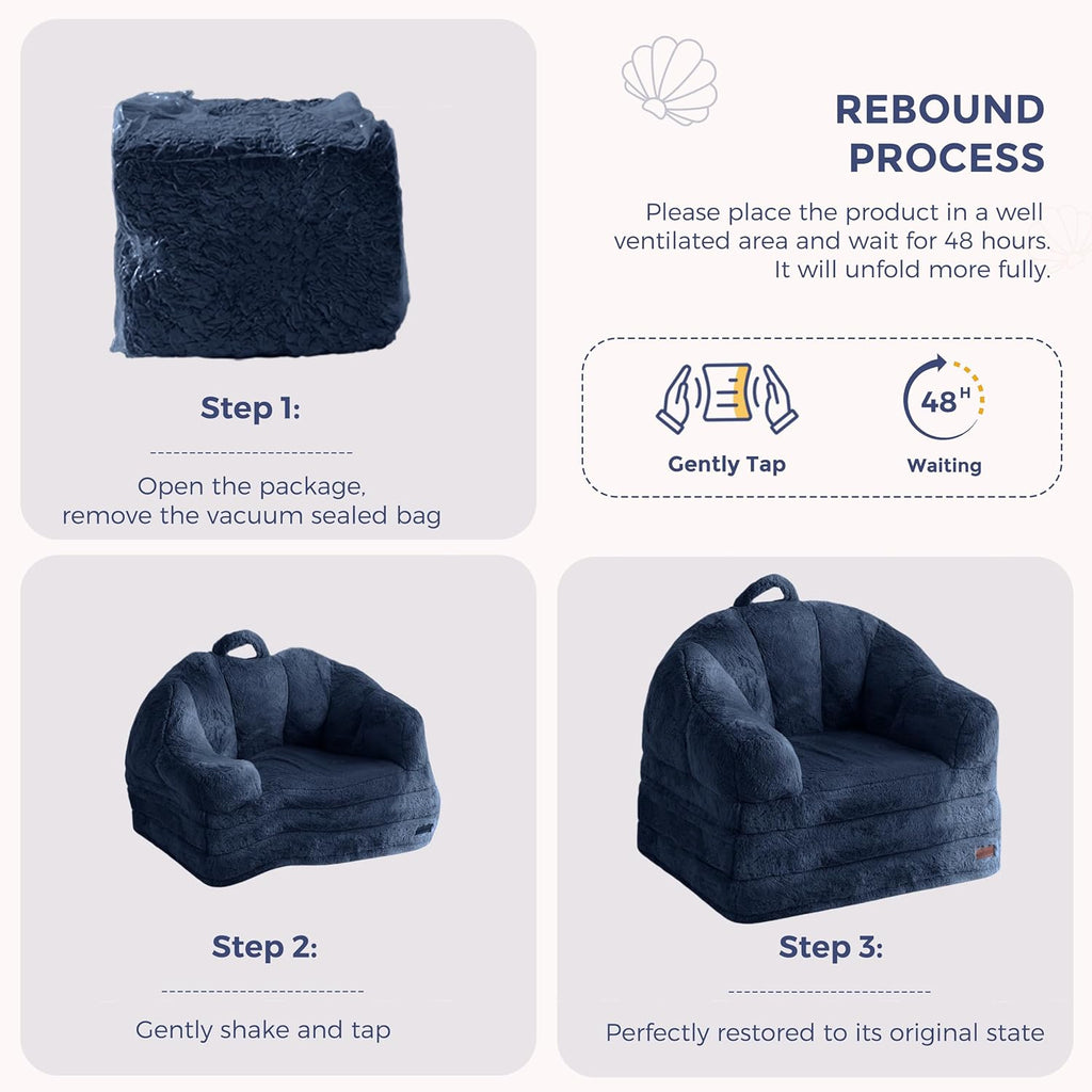 MAXYOYO Folding Sofa Bed, 2 in 1 Convertible Sofa to Lounger Comfy Single Bean Bag Chair for Adults, Floor Sleeper Couch with Handle, Faux Fur Couch Bed for Living Room Bedroom, Navy