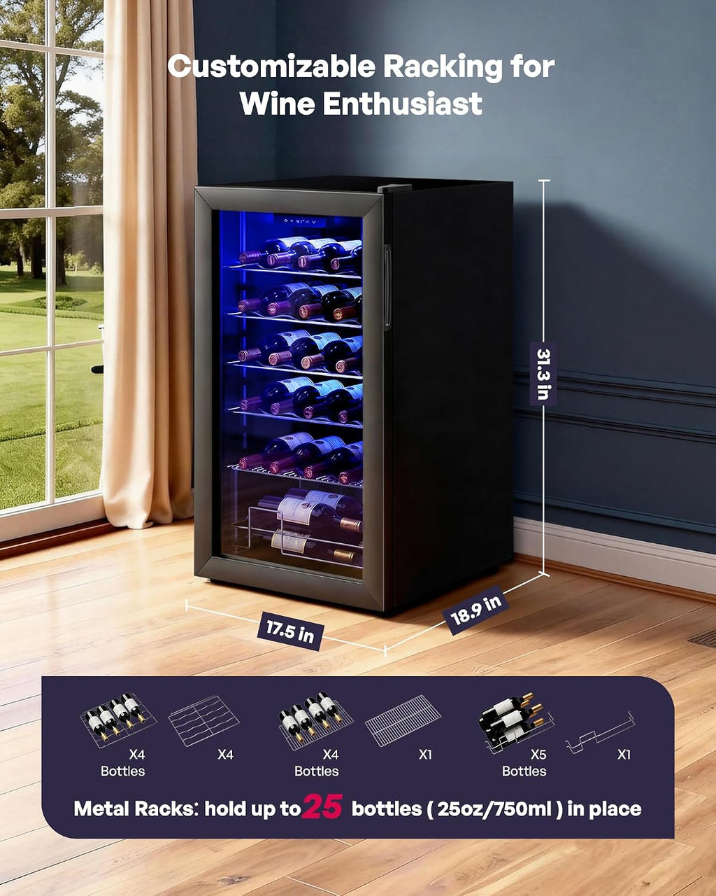 Icyglee 25 Bottle Compressor Wine Cooler Refrigerator, Freestanding Wine Cellar with 41-64°F Adjust Temp & Double-layer Glass Door for Red and White, Wine Cooler for Home Bar, Black
