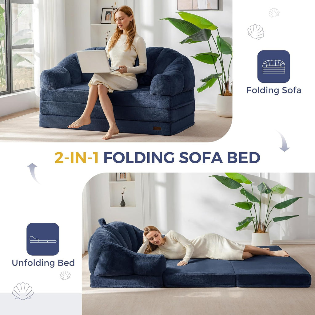 MAXYOYO Folding Sofa Bed, 2 in 1 Convertible Sofa to Lounger Comfy Loveseat Bean Bag Chair for Adults, Floor Sleeper Couch with Handle, Faux Fur Couch Bed for Living Room Bedroom, Navy, Loveseat