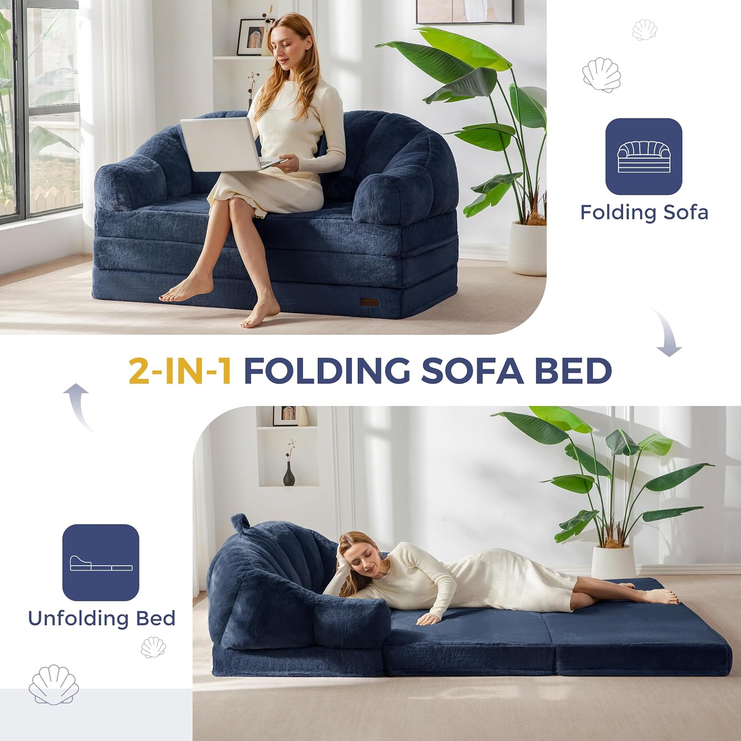 MAXYOYO Folding Sofa Bed, 2 in 1 Convertible Sofa to Lounger Comfy Loveseat Bean Bag Chair for Adults, Floor Sleeper Couch with Handle, Faux Fur Couch Bed for Living Room Bedroom, Navy, Loveseat