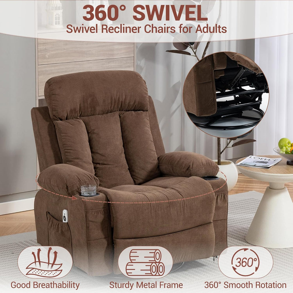 360 Swivel Rocking Chair, Rocker Recliner with Vibration Massage and Heat, Ergonomic Lounge Chair with Rocking Function, Side Pocket, Cup Holders, Soft Breathable Fabric, Brown