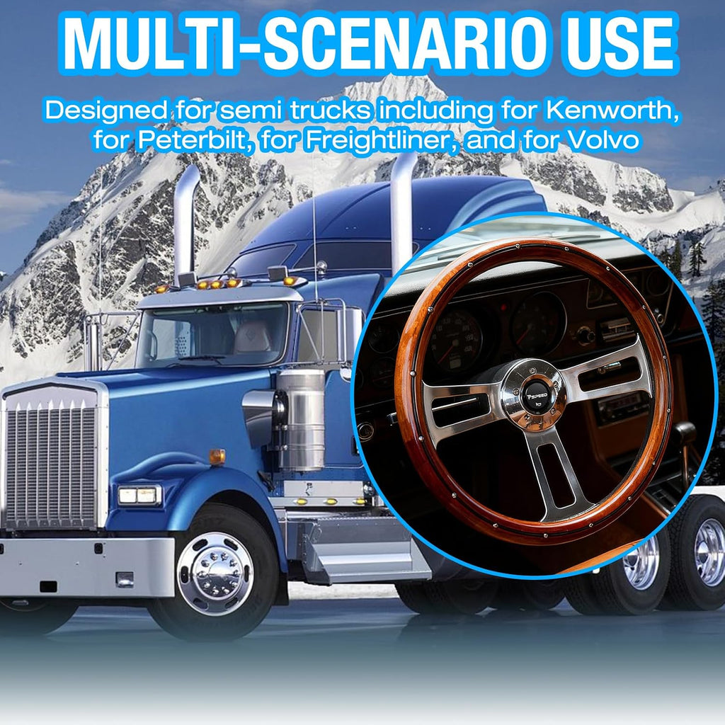 18' Solid Wood lacquering Truck Steering Wheel,Real Wood Grip 3 Spokes 5-Bolt Chrome-Plated aluminum Classic Steering Wheel fit for Kenworth,for Peterbilt,for Volvo,for Freightliner