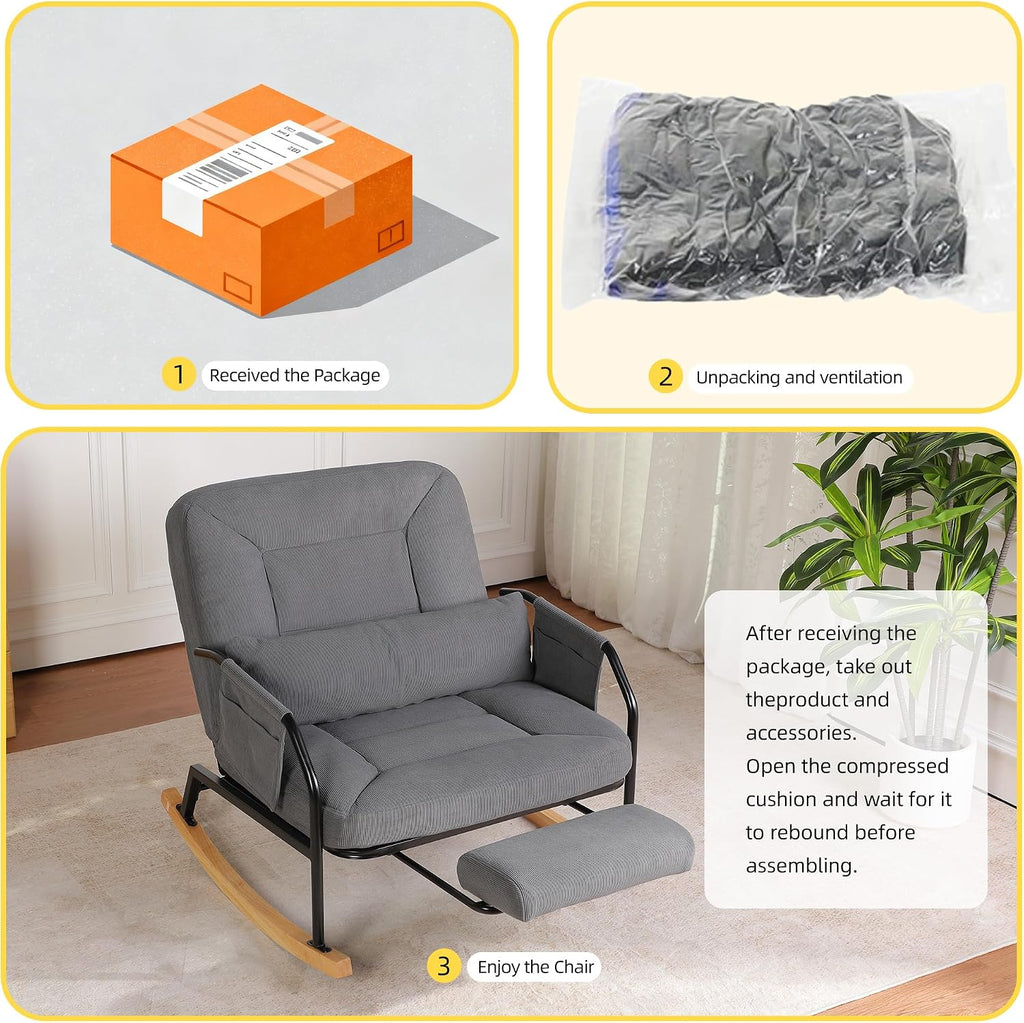 Oversized Rocking Chair, Extra-Wide Glider Patio Rocker Chairs with Foot Rest, Padded Cushion, Adjustable Backrest, Mental Wooden Farm, Indoor/Outdoor Living Room Bedroom Balcony Porch, Grey