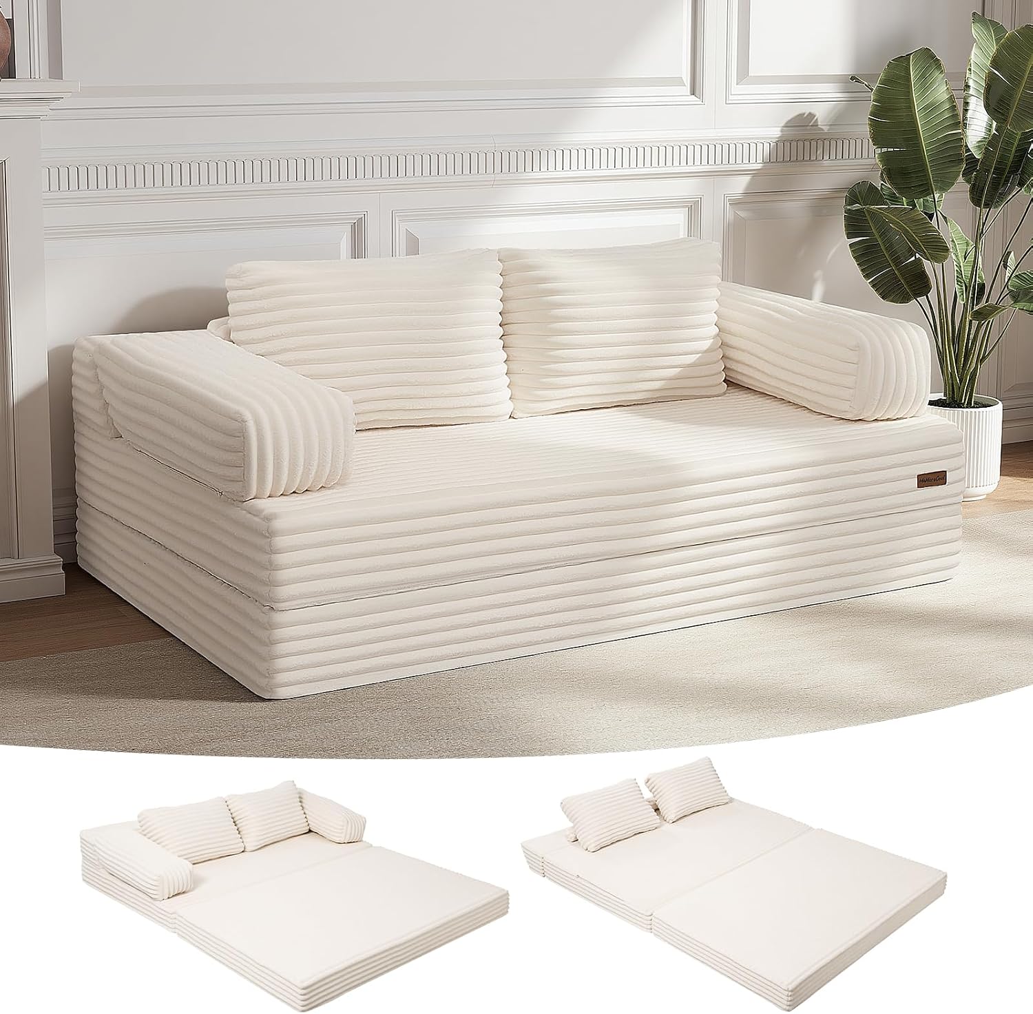 MeMoreCool Convertible Sofa Bed, Folding Floor Couch Bed Queen, Pull Out Sleeper Couch with Pillows, Fold Out Futon Sofa for Bedroom Living Room Small Space, Corduroy Beige