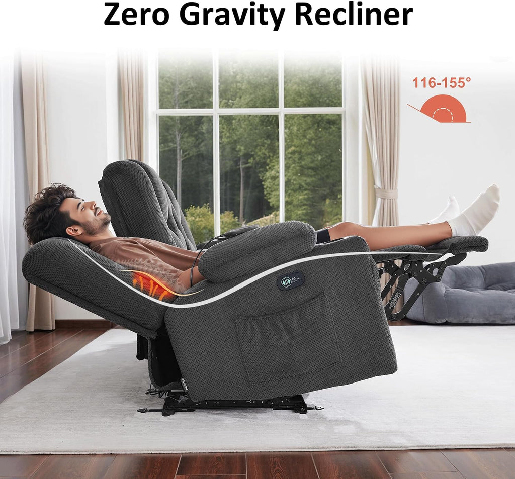 MCombo Zero Gravity 3 Seater Power Reclining Sofa with Console, Heat and Vibration Massage, Recliner Couch for Living Room, Fabric 6035SET (Grey, 3 Seater with Console)