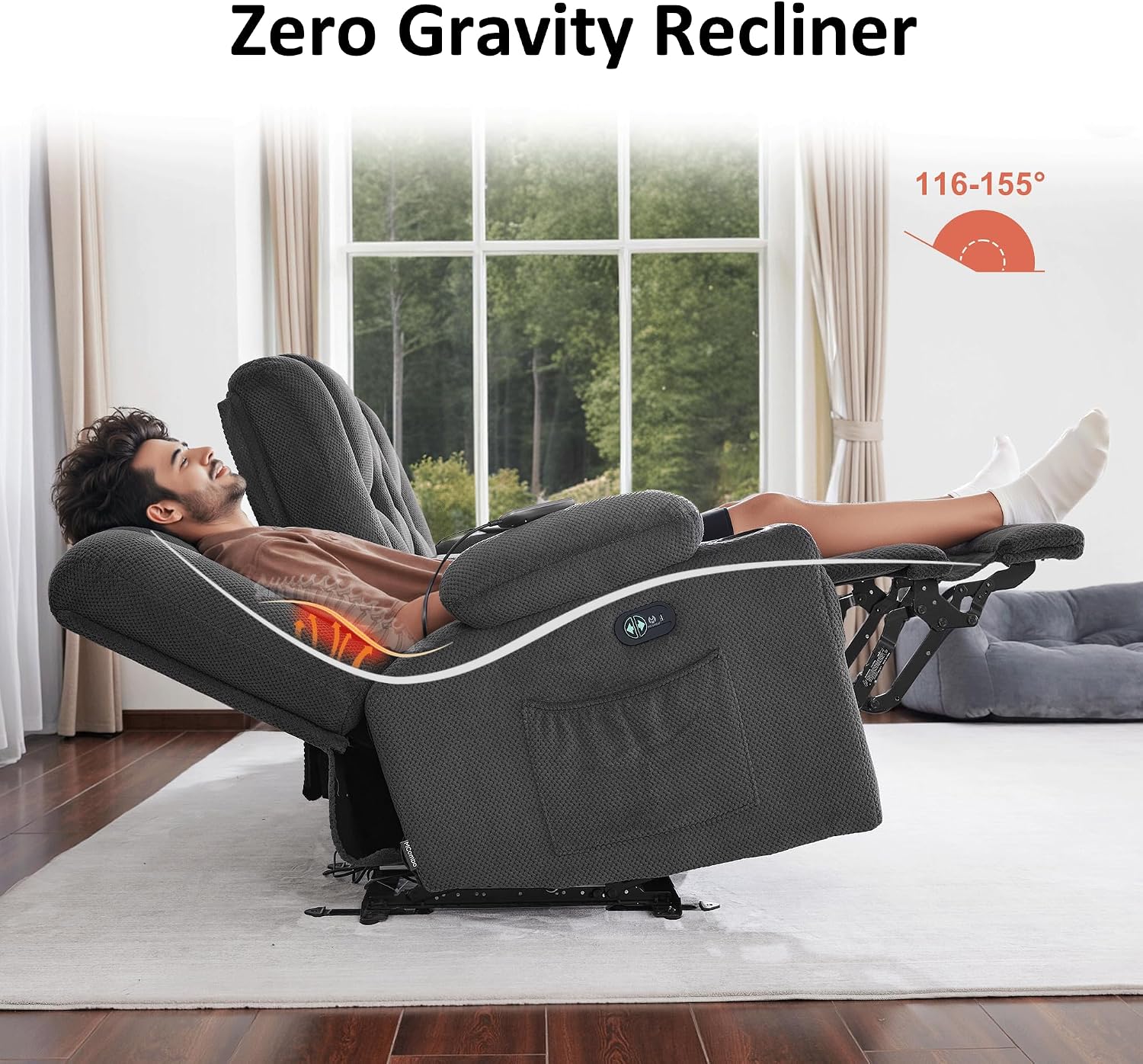 MCombo Zero Gravity 3 Seater Power Reclining Sofa with Console, Heat and Vibration Massage, Recliner Couch for Living Room, Fabric 6035SET (Grey, 3 Seater with Console)