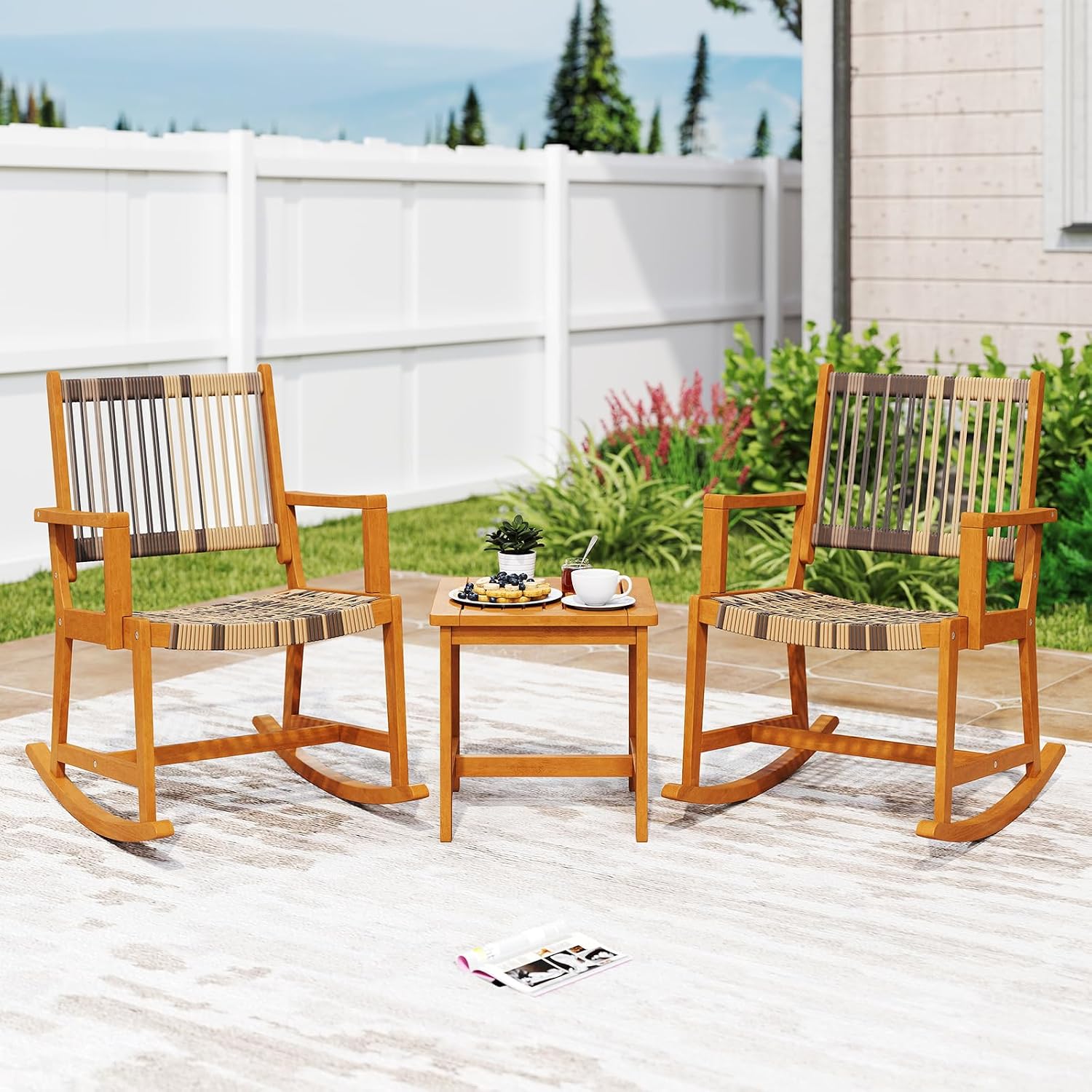 Tangkula 3 Piece Patio Rocking Set, Acacia Wood Rocker Bistro Set w/Rattan Seat & Back, 2 Outdoor Armchairs w/Square Side Table for Porch, Balcony, Backyard