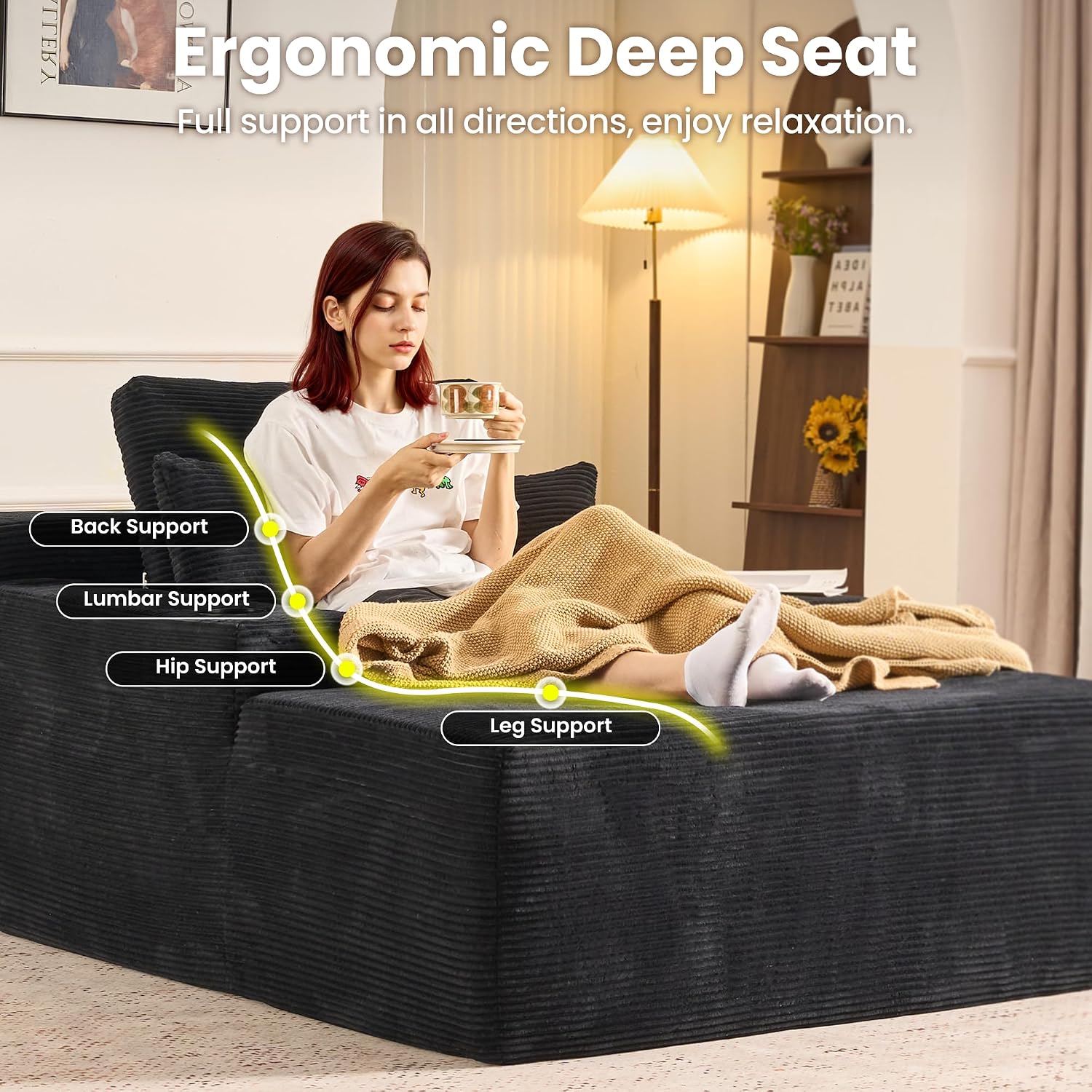 ovios 67'' Chaise Lounge Chair Indoor, Oversized Upholstered Boneless Sofa Bed with Cup Holders, Deep Seat Sleeper Couch, Plush Cloud Sofas Couches for Living Room (Corduroy, Black)