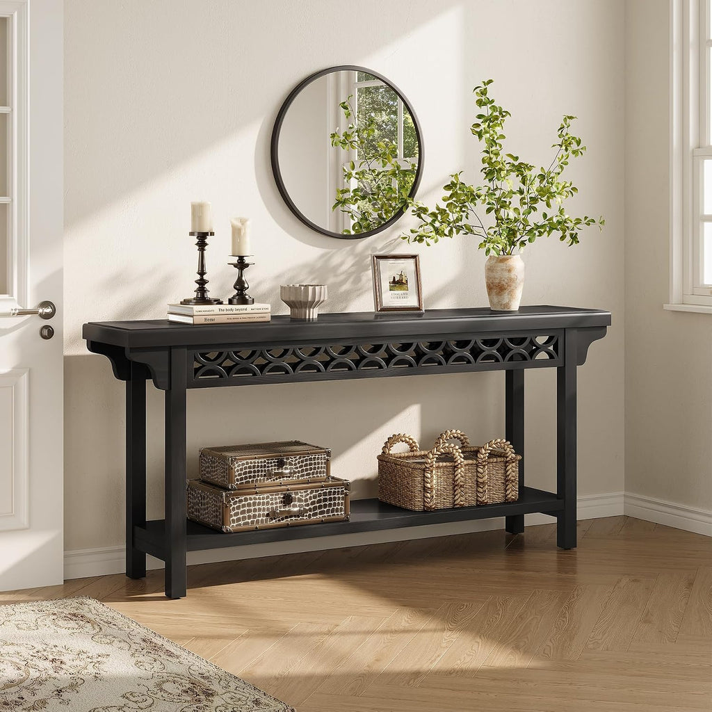 LITTLE TREE 70.87-Inch Long Console, Solid Wood Farmhouse Narrow Entryway Table with Shelf, Rustic Sofa Table for Living Room, Hallway, Black