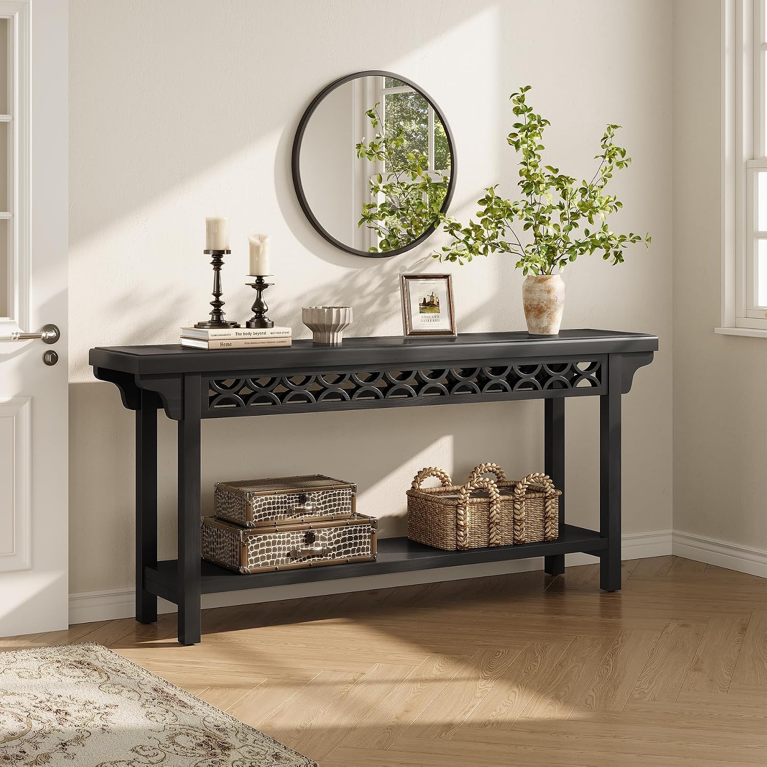 LITTLE TREE 70.87-Inch Long Console, Solid Wood Farmhouse Narrow Entryway Table with Shelf, Rustic Sofa Table for Living Room, Hallway, Black