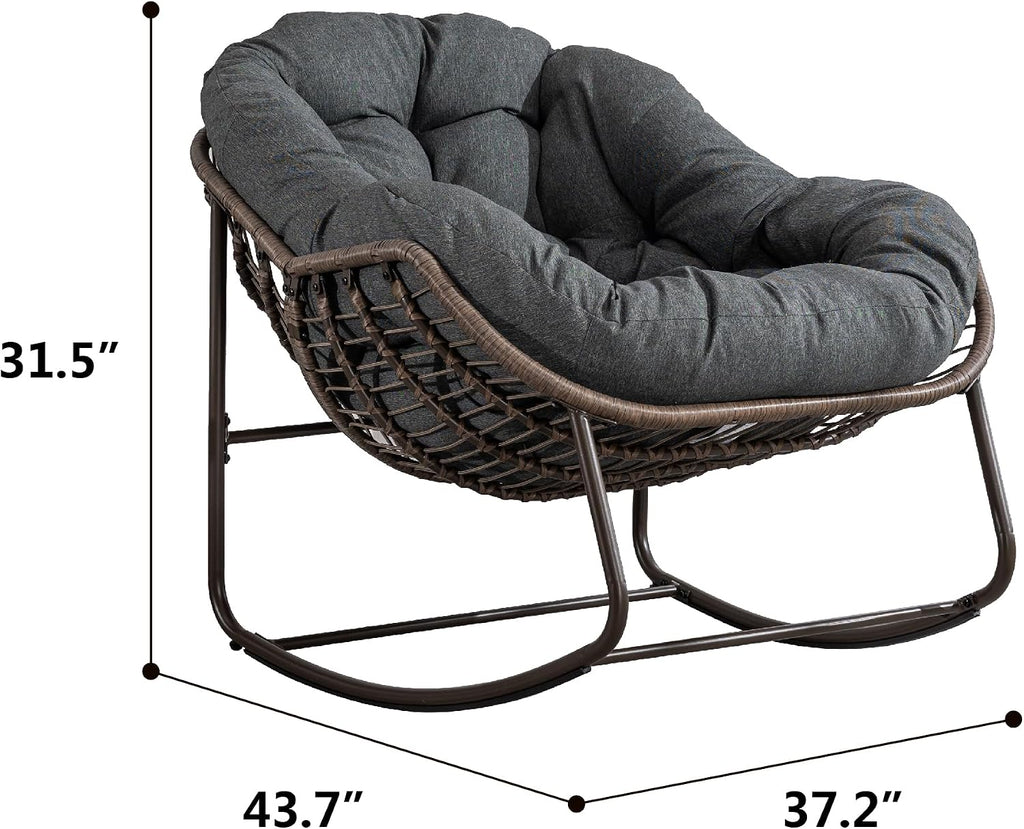 Outdoor Rattan Rocking Chair Oversized Papasan Recliner Lounger, Steel Frame & Thick Olefin Cushion, Indoor/Outdoor Use for Patio, Porch, Backyard, Garden, Balcony, Navy Blue